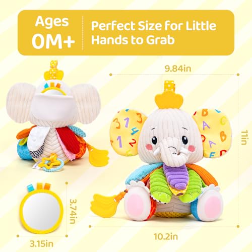 Image of Baby Toys 3-6 Months, Musical Stuffed Elephant Toddler Toy for Newborn Infant 3 6 9 12 Months, Tummy Time Toys Montessori Sensory Toys 0-6 6-12 Months, Crinkle Paper, Mirror Soothing Music Shower Gift