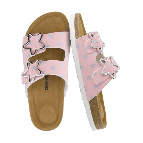 Image of CUSHIONAIRE Lily Girl Toddler Sandals with Adjustable Gold Tone Star Buckles and Cushioned Cork Footbed Slip On Girls Slides for Kids
