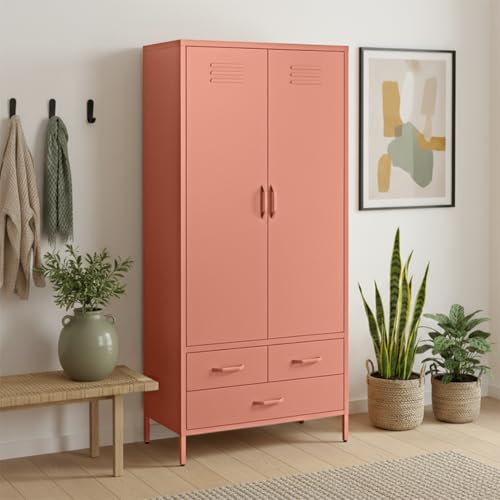 skølm Atria Kleiderschrank Metall – Metallschrank mit 6 Fächern, 2 Kleiderstangen & 3 Schubladen – Garderobenschrank in Terrakotta – Metallkleiderschrank 80 cm breit – Schlafzimmerschrank/Flurschrank