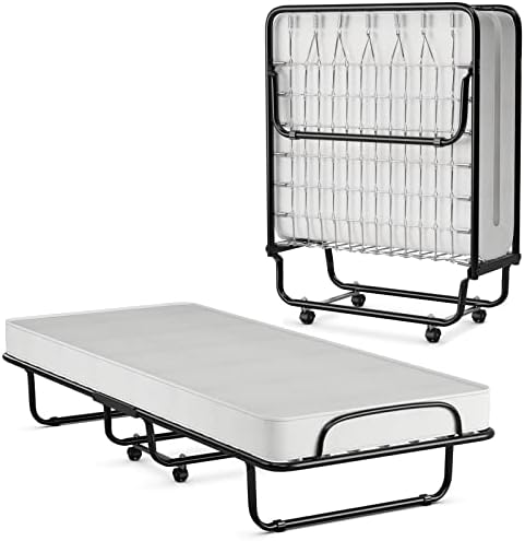 BestComfort Folding Bed with Memory Foam Mattress Cot Size, Portable Rollaway Bed for Adults, Foldable Guest Bed with Wheels, Space-Saving Sturdy Metal Frame, Made in Italy, 75 x 31 Inch