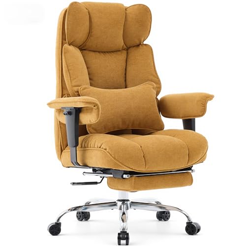 Efomao Chaise de Bureau 200 kg, Fauteuil de Direction Robuste en Tissu avec Repose-Pieds, Chaise d'Ordinateur Ergonomique à Haut Dossier, Siège de Télétravail Inclinable avec Rembourrage Épais (Jaune)