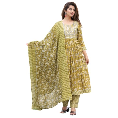 Image of Women's Stylish Rayon Nayra Cut Kurta Embroidered Work and Round Neck 3 /4 Sleeve with Pant Dupatta Set