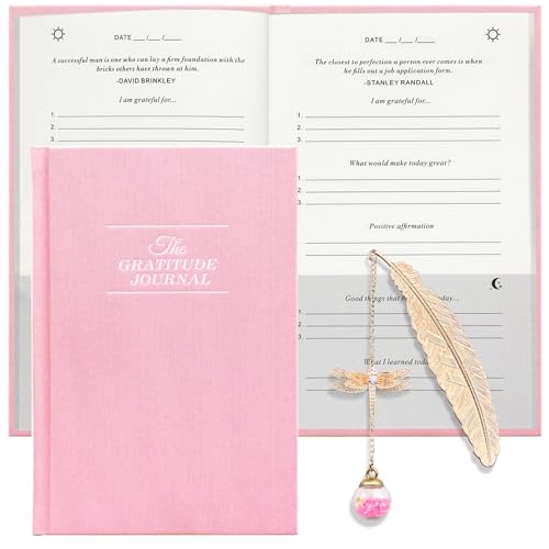 Fit·Kit·Lit Pink Gratitude Journal with Feather Metal Bookmarks for Women Men, Daily Journal for Self Care Affirmation Happiness Mindfulness Positivity Wellness