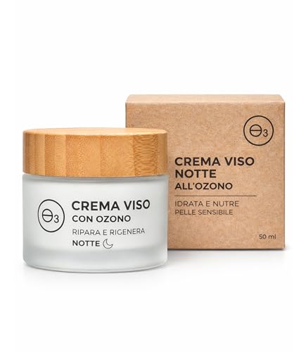 Crema Viso Notte all Ozono con Olio di Oliva Ozonizzato Antietà Idratante Luminosità Elasticità per Pelle Sensibile e Atopica Assorbimento Rapido Ingredienti Naturali con Olio di Vinaccioli 50 ml
