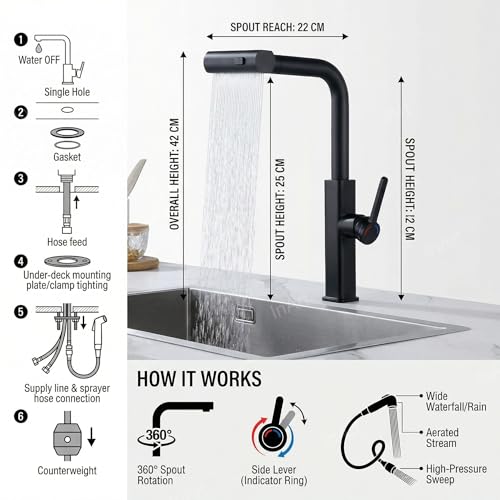 Image of InArt 360 Rotatable Brass Kitchen Faucet, Pull Out Kitchen Faucet with Waterfall Design (Black Matt)