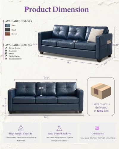 Image of TYBOATLE Faux Leather Blue Couch with USB, 3-Seater Sofa for Living Room | Leather Couch, Living Room Sofa, Mid-Century Modern, Tufted Design, Wider Arms, Side Pockets, Comfy Seating, Office, Bedroom