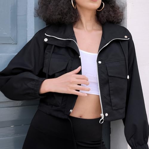 Womens Cropped Bomber Jacket Zip Up Lightweight Utility Anorak Coat with Pockets Women Fall Trendy Jackets3