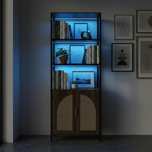 5-Tier Rattan Bookshelf with LED Light and Storage