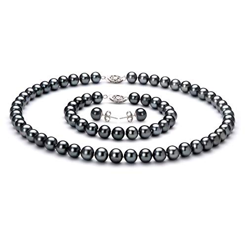 Black 7.5-8.5mm AA Quality Freshwater 925 Sterling Silver Cultured Pearl Set For Women