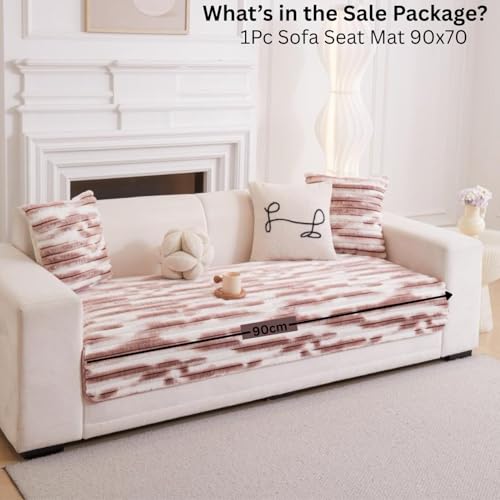 Image of HOMETHREADS 600GSM Thick & Soft Rabbit Fur Plush Sofa Cover-Luxurious Cozy Slipcover, Washable & Pet-Friendly, Anti-Scratch Protector for Sofas (Faux Linning White Pink, 1 Seater Large| 90x70cm)