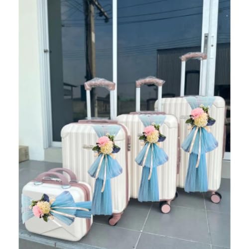 Image of SATYAM KRAFT 4 Pcs Adjustable Suitcase Net Band Reusable Ready-to-Use with Artificial Flower Bunch Trolley Bag Decoration, Suitcase & Wedding Decor, Gifting, Crafting, Wrapping, DIY Craft (Pack of 4) (Blue)