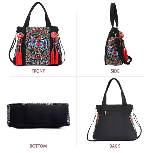Embroidered Tassels Tote Shoulder Bag Casual Canvas Handbag Cross Body Bag One_Size #TOP6