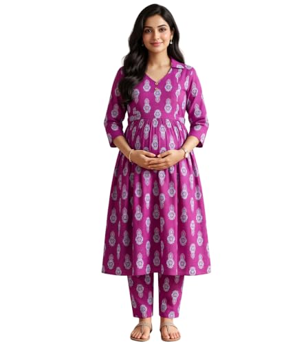 Image of DUMMY SHAPE Maternity Dresses for Women Cotton | Floral Kurta Pant Dupatta Set with Nursing Zippers, Side Pocket | Pre & Post Pregnancy | Feeding Kurti Suit | Baby Shower | Gifts for Pregnant Woman