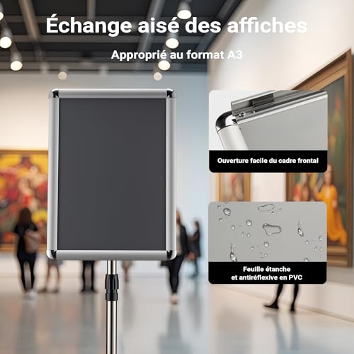 Présentoir sur pied A3 stop-client réglable pour documents et brochures