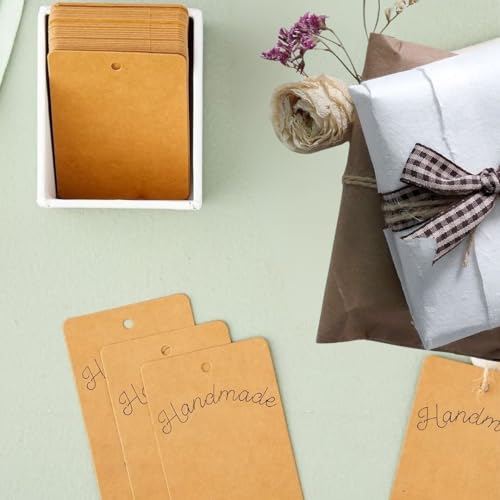 Image of CVANU Brown Kraft Paper Hanging Rectangle Shaped Tags (200pcs) with Jute Twine for Wedding| Write Blessings| Thanksgiving| Gift Decor (3.5inch X2.3inch)