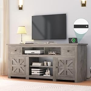 YITAHOME Farmhouse TV Stand Entertainment Center with Power Outlet for TVs Up to 80 Inch TV Console with Storage Drawer Movable Partition Rustic TV Stand for Living Room 70 Rustic Grey