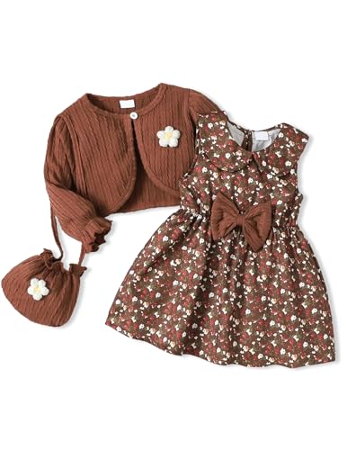 Baby Girl Clothes 6-12 Months Charming Floral Print Dress with Bow Matching Coat Brown Knit Sweater Set for Baby Girls Pretty Gift for Little Princesses 3Pcs Overall Set