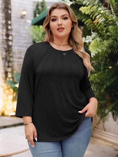 Image of Chulianyouhuo Womens Plus Size Tops 3 /4 Sleeve Casual T Shirts | Crew Neck, Pleated Blouse Tee, Dressy Casual Shirts, Loose Fit Tunic Tops, Soft Fabric, Going Out Outfits
