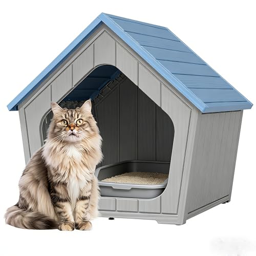Image of Cat Litter Box Enclosure, Resin Enclosed Litter Box Furniture with Air Holes, Outdoor Cat House Weatherproof, Wide Opening Design for Easy Cleaning, Blue