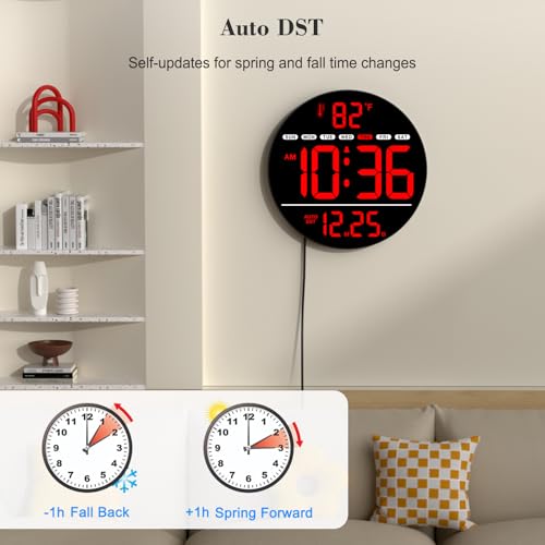 WallarGe Large Digital Wall Clock with LED Display, Electric Wall Clock with Temperature, Auto DST, Date, and Day, 5-Level Brightness for Office, Bedroom, Living Room, Classroom Décor by WallarGe - Image 4