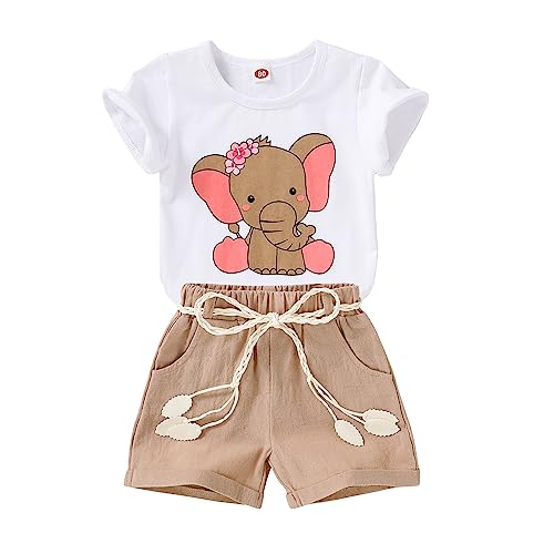 YOUNGER TREE Toddler Baby Girl Clothes Summer Cute Elephant T-shirt Solid Color Short Sets with Belt Girls Outfit (Elephant, 18-24 Months)