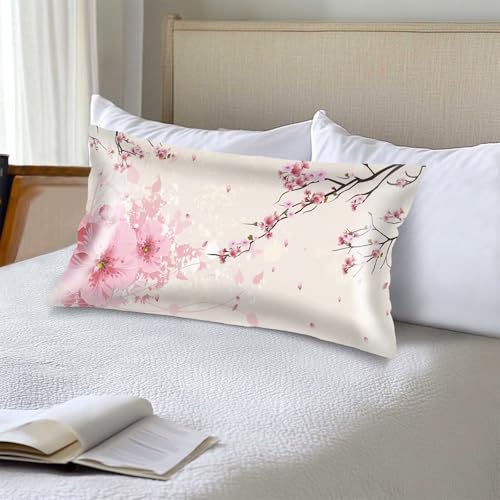 Silk Satin Pillowcase for Hair and Skin,Cherry Blossom Long Pillow Cover King Size Pillowcases Envelope Closure,Flowers Pillow Covers Pink Decorative Cushion Covers for Bedroom,Sofa,Couch,20"x40"