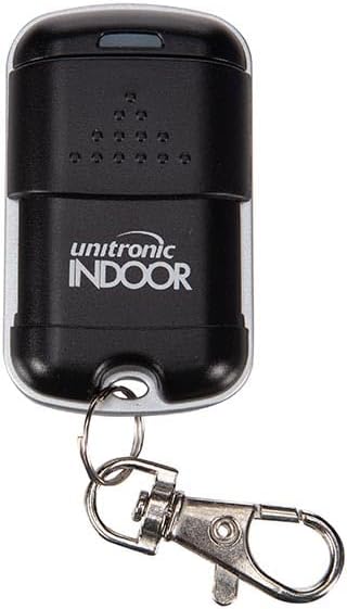 Close-up of a Unitronic wireless remote transmitter, showing its black casing, two buttons, and the 'unitronic INDOOR' logo.
