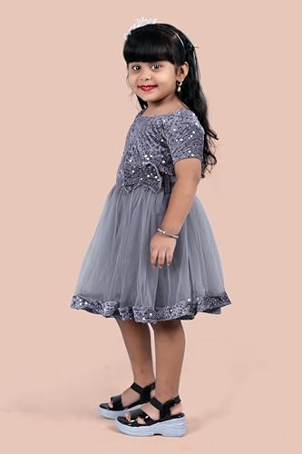 Image of Charming Girls' Kids Velvet & Net Frock with Knee-Length Short Sleeve A-line Round Neck Fit and Flare and Back Zipper Closure|Kids Dress for Baby Girls Birthday Outfit