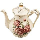 Rose Pattern Ceramic Tea Pot, STARVAST Vintage Floral Pottery Teapot Ivory 28oz Large Porcelain Decorative Teapot, Gifts or Collections Idea (Capacity: 800 mL)