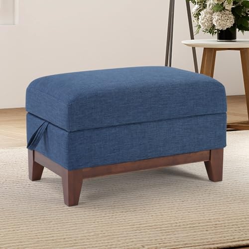 Image of Multifunctional Storage Ottoman with Flip-Top Table, Upholstered Soft Fabric Footrest with Storage Space, Stylish Coffee Table with Solid Wood Legs for Living Room, Blue