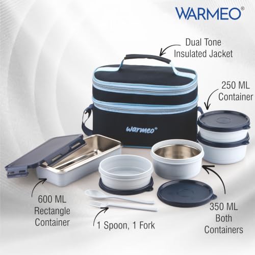 Image of WARMEO Micro Meal Microwave Safe Lunch Box | 1 Rectangular Container 600ml + 2 Round Containers 350ml Each + 2 Round Container 250ml Each + 1 Spoon + 1 Fork,Stylish Durable Jacket,Office,School,Blue