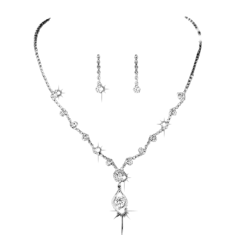 Atigy Juego de joyas de boda con diamantes de imitación y collar de cristal plateado y aretes conjuntos de joyería para novia para mujeres y niñas