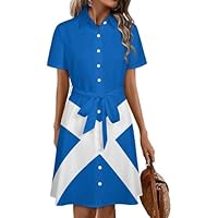 Scotland Flag Womens Button Down Shirt Dresses Button Up Short Sleeve Blouse Tops XS