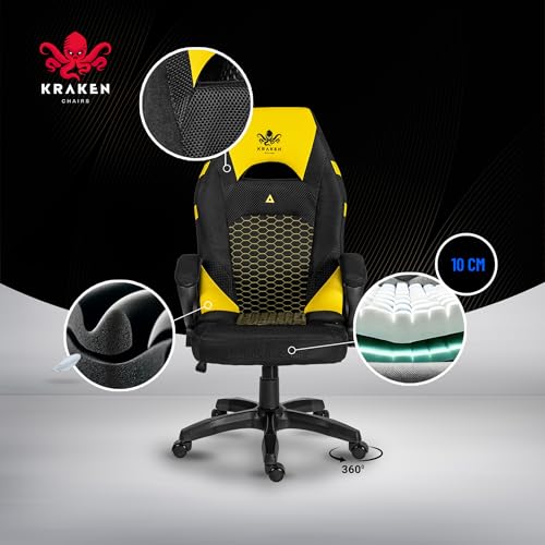 KRAKEN CHAIRS Silla Gaming Tela Transpirable - Amarillo - Sillas Gamer Reclinable - Ergonómica Silla de Oficina - Regulable en Altura - 130kg de Carga - Cadeiras Gaming para - imagen 4