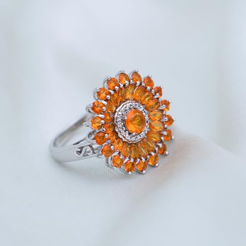 LOOKNSOURCE 925 Sterling Silver Ring Mexican Fire Opal Cluster Flower Design Gemstone Ring Natural Orange Opal Gemstone Jewelry For Women With Free Sarong2