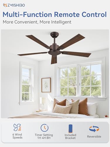 ZMISHIBO 52 Inch Ceiling Fan without Light, Farmhouse Ceiling Fan No Lights, Quiet Reversible DC Motor, 6-Speeds, Brown Ceiling Fans with Remote for Living Room, Bedroom, Patio, Indoor/Outdoor Use thumbnail 5
