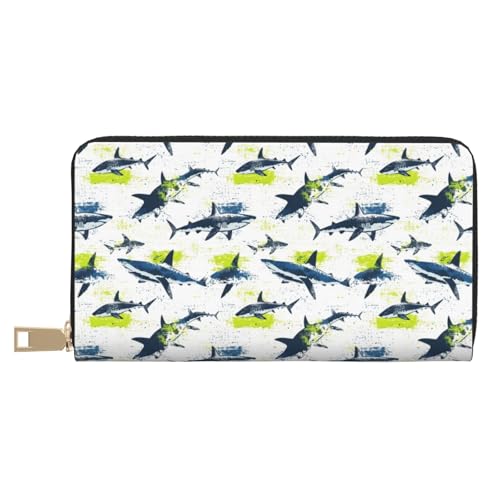 Leather Thin Slim Wallets for Women & Men - Navy Blue Green Shark Print Card Wallet Holder with Zipper