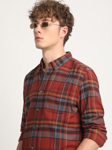 Image of THE BEAR HOUSE Men Rust Checked Slim Fit Flannel Cotton Casual Shirt