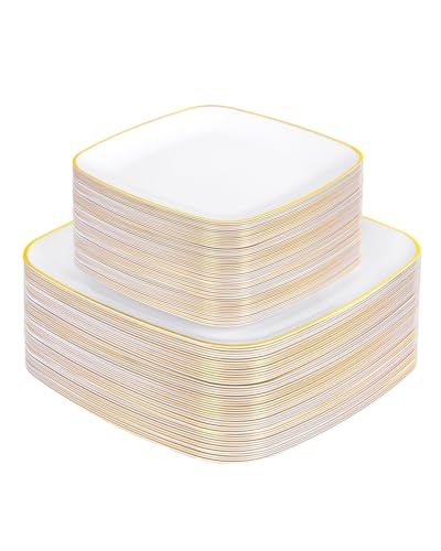bUCLA 100PCS White Plates with Gold Trim - Heavy Duty White Gold Square Disposable - Include 50 Each (10 inch Dinner & 7.25 inch Dessert) Plates for Party & Wedding