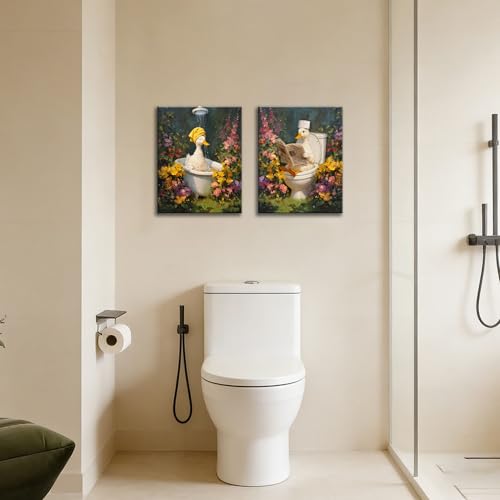 Image of Frimeeme Duck Canvas Wall Art, 2 Pcs, 12x16 Inch | Duck Botanical in Bathtub Pictures Art, Floral Wall Paintings, For Bathroom Restroom Decor