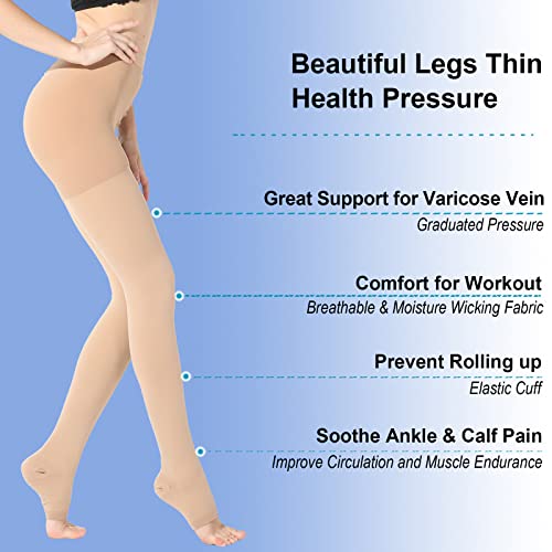 Image of Medical Compression Pantyhose Stockings for Women & Men,20-30mmHg Graduated Support Hose Tights,Opaque Open Toe Waist High Compression Stockings & Leggings for Varicose Veins,Edema,Flight,DVT