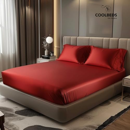 Image of COOLBEDS Satin Elastic Fitted Sheet & 2 Pillow Covers (King, Red)