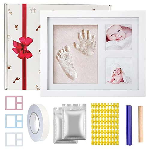 Saponhonix Marco Fotos para Recién Nacido, Kit de Recuerdo de Huella de Bebé, Kit de Marco para Huella de Pie y Manos del Bebe, Marco de Madera y Cristal Acrílico, Regalos para Bebès Niño y Niña Cover