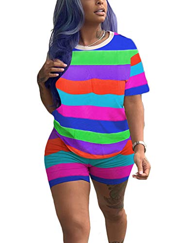 Womens Stripes 2 Piece Outfits Tracksuit - Rainbows Printed Short Sleeve T-Shirt Bodycon Short Pants Clubwear