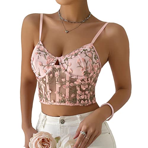 Sexy Floral Corset Tops for Women V Neck Fishbone Cami Top Spaghetti Strap Push Up Bustier Tops