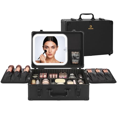Image of Relavel Makeup Case, Makeup Bag with LED Mirror Makeup Organizer Large Cosmetic Bags Travel Train Case for Women, Portable Vanity Makeup Box with Rechargeable Light up Mirror and Adjustable Dividers