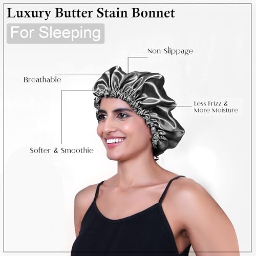 Image of GLUN Hair Bonnet Cap with 3 Satin Scrunchies Black Colour Combo, Soft Satin Cloth Bonnet Cap Prevents Hair Breakage, Sleep Cap for Frizz Control & Moisture Retention, Ideal for Curly & Natural Hair