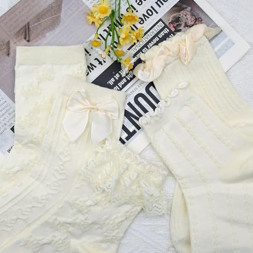 Image of 5 Pairs Women's Lace Ruffled Socks with Bows, Cute Frilly Ankle Socks
