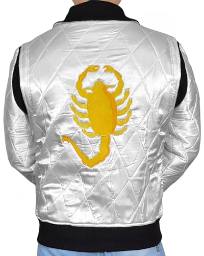 Men's Drive Ryan Gosling Satin White Golden Embroidered Scorpion Quilted Lightweight Warm Windbreaker Bomber Jacket (Small)