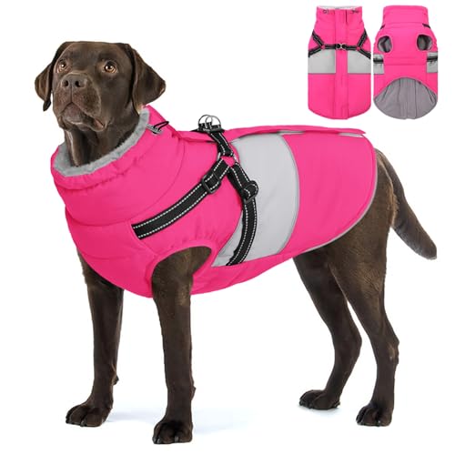 AOFITEE Dog Coat, Large Dog Jacket, Dogs Coat with Harness Built in, Reflective Waterproof Dogs Jackets Winter with Furry Collar, Warm Polar Fleece Pet Sweater Snowsuit for Doberman, Great Dane, XXL
